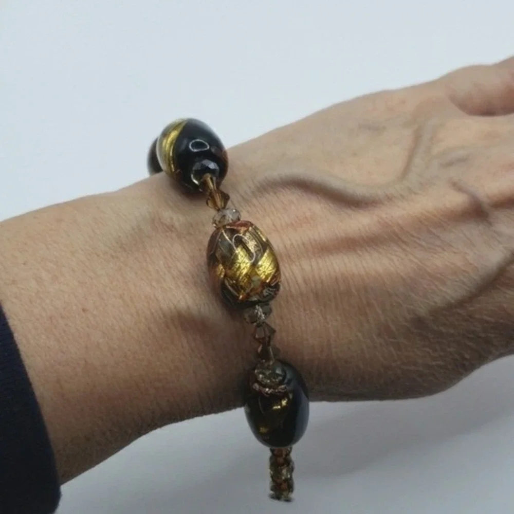 Elegant Glass Bead Bracelet Gold‎ Black Brown Crystal Accents Silver Clasp